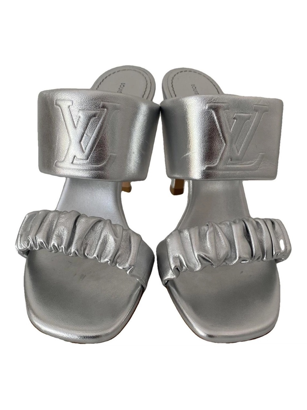 Louis Vuitton Metallic Silver Ruched Strap Slide Mules